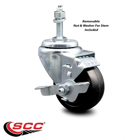 Service Caster 3 Inch Hard Rubber Wheel Swivel 3/8 Inch Threaded Stem Caster with Brake SCC SCC-TS20S314-HRS-TLB-381615